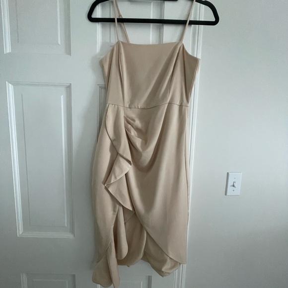 Lulus Satin Asymmetrical Ruffled Midi Dress - champagne/beige XS - Picture 3 of 5